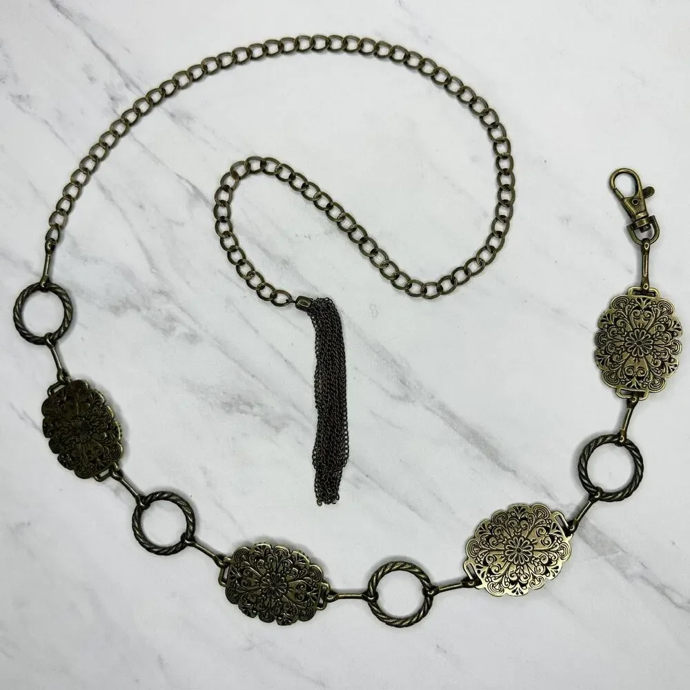 Floral Filigree Bronze Gold Tone Chain Belt OS ✨